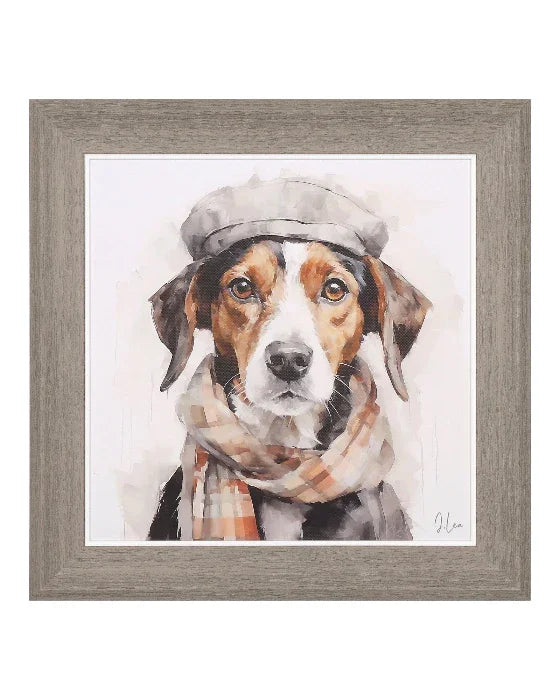 Framed artwork of a dog wearing a cap and scarf on a white background