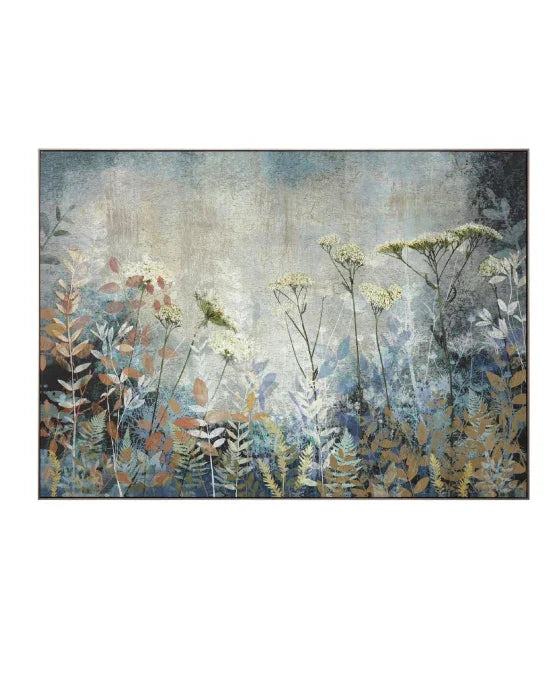 Framed artwork of a nature scene with plants and flowers on a textured background