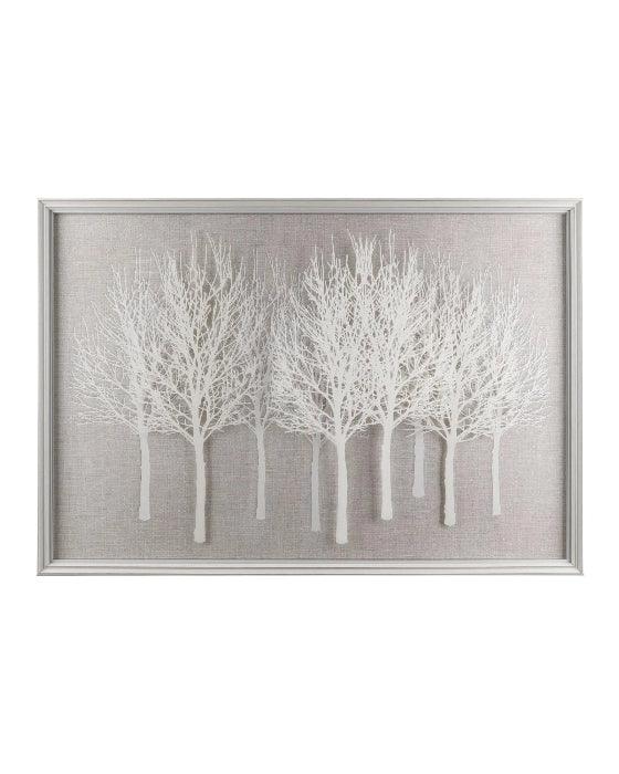 Framed artwork of white trees on a textured gray background