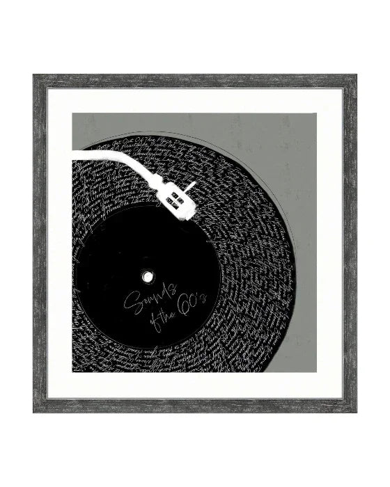 Framed artwork of a turntable with text on a white background