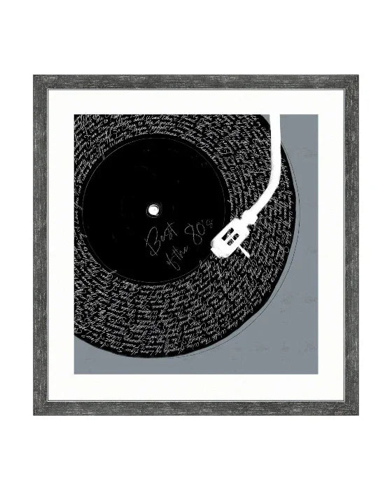 Framed artwork of a turntable with a vinyl record and a guitar silhouette on a white background