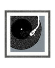 Framed artwork of a turntable with a vinyl record and a guitar silhouette on a white background
