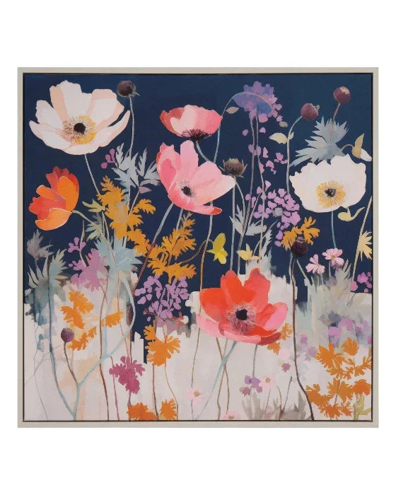 Framed artwork of colorful floral design on a blue background