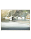 Marina scene with boats on a reflective water surface, artistic depiction.