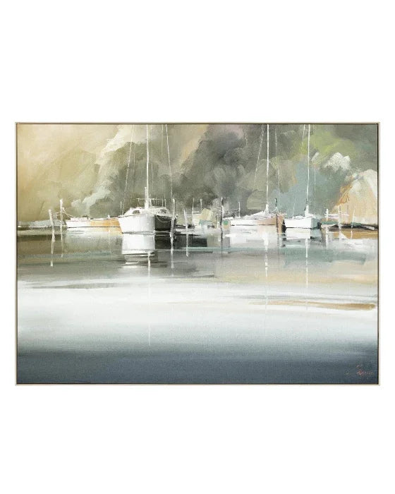Marina scene with boats on a reflective water surface, artistic depiction.