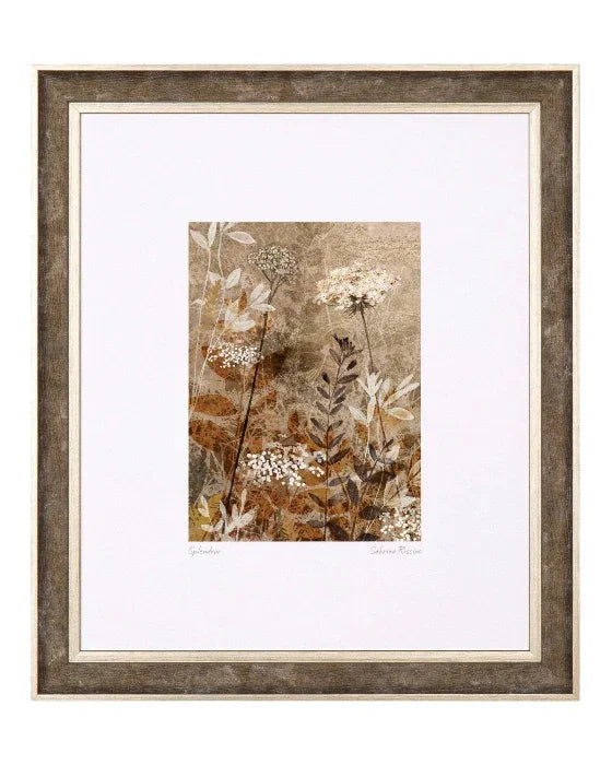 Framed artwork of floral design on a textured background