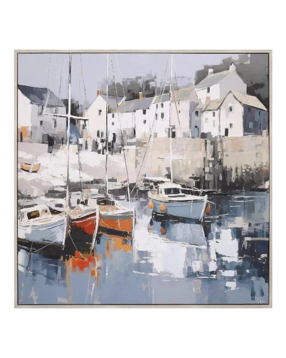 Framed artwork of a harbor scene with boats and buildings.