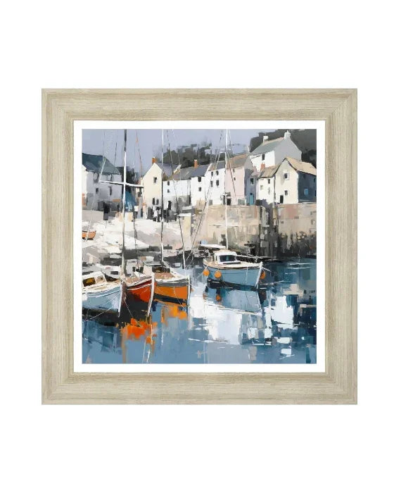 Framed artwork of a harbor scene with boats and houses.