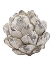 Decorative artichoke sculpture with a rustic finish on a white background