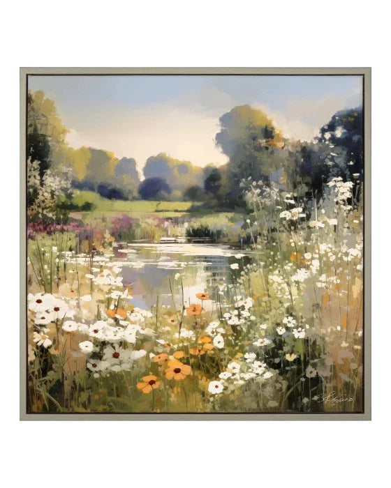 Framed artwork of a serene landscape with flowers and a pond.