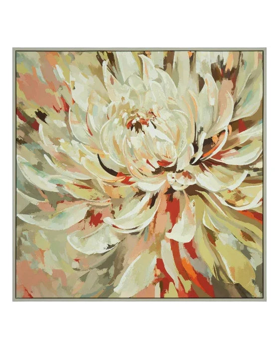 Framed artwork of a large white flower with colorful accents on a beige background