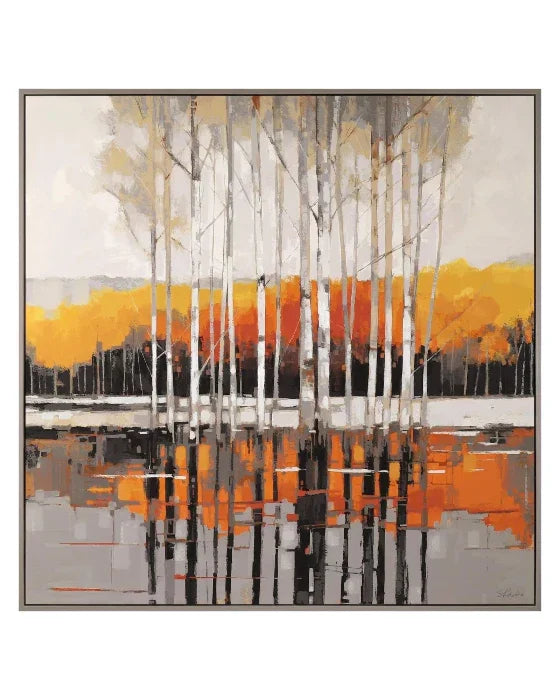 Abstract art piece with trees and water reflection in orange, gray, and black.