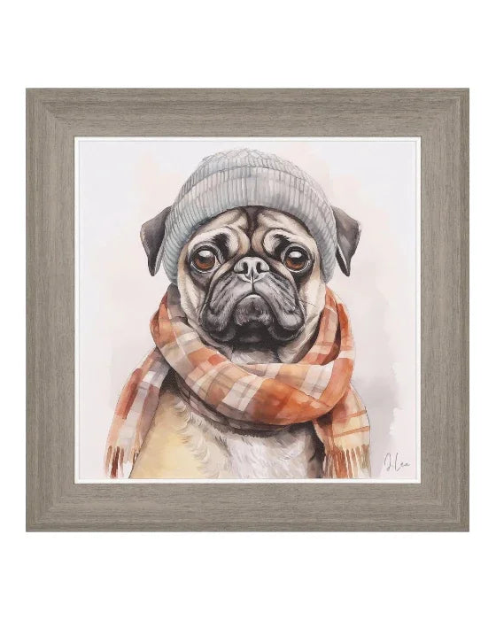 Framed artwork of a pug wearing a hat and scarf on a white background