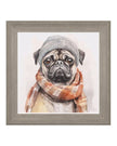 Framed artwork of a pug wearing a hat and scarf on a white background