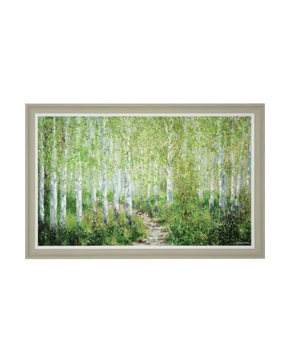 Framed artwork of a forest scene with trees and a path on a white background