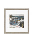 Framed artwork of a winter scene with houses, boats, and people on a white background