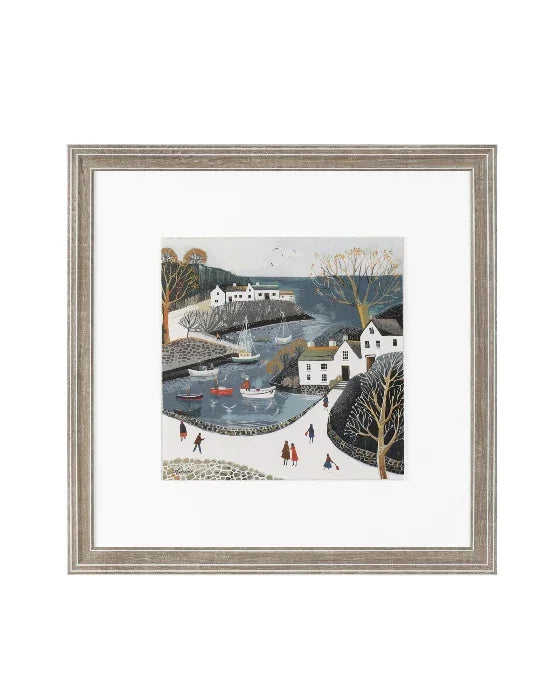 Framed artwork of a winter scene with houses, boats, and people on a white background