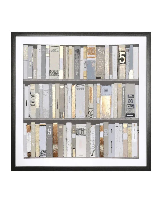Framed artwork of books with a black frame on a white background