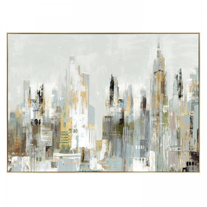 Abstract cityscape painting with gold and gray tones on a white background