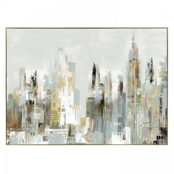 Abstract cityscape painting with gold and gray tones on a white background