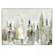 Abstract cityscape painting with gold and gray tones on a white background