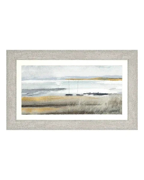 Framed artwork of a landscape with a gray frame on a white background