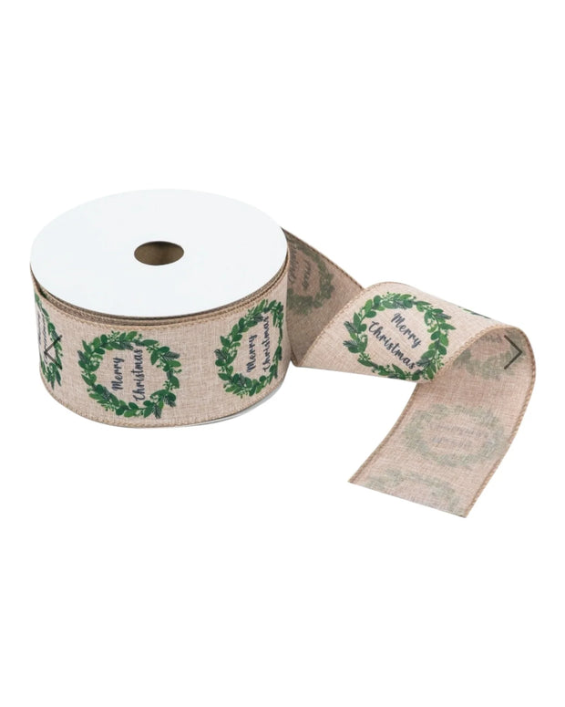 Extra Wide Merry Christmas Hessian And Green Printed Ribbon - Price Per Metre