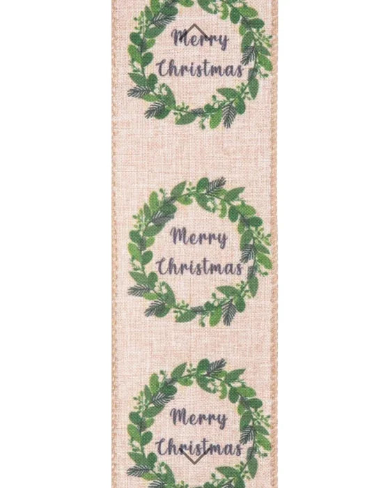 Decorative ribbon with green leaf wreaths and 'Merry Christmas' text on a beige background