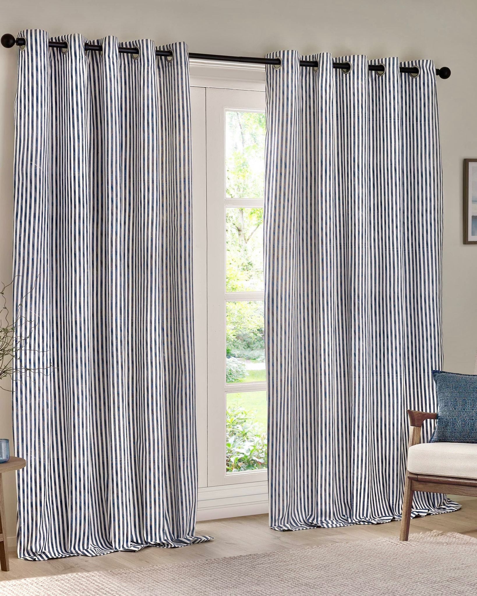 Yard Navy Blue Striped Blackout Eyelet Curtains