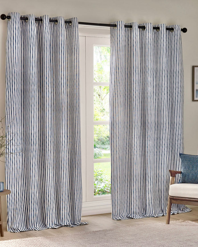 Yard Navy Blue Striped Blackout Eyelet Curtains