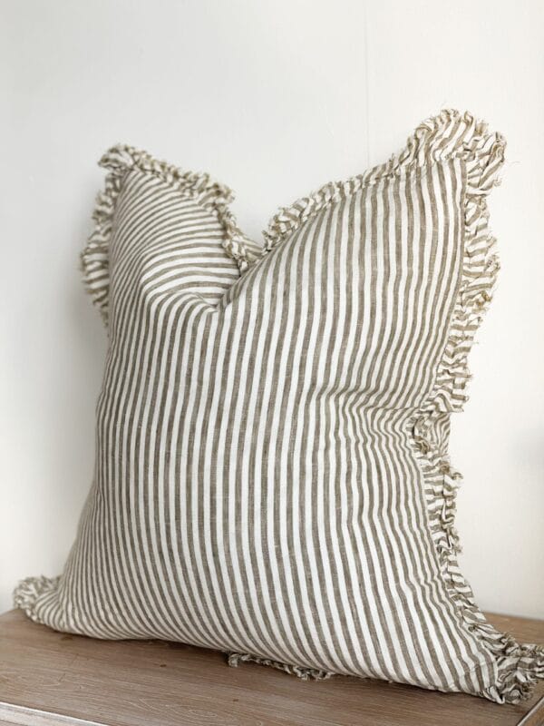 Hailie Olive Green Pinstripe Ruffled Edge Linen Cushion Cover