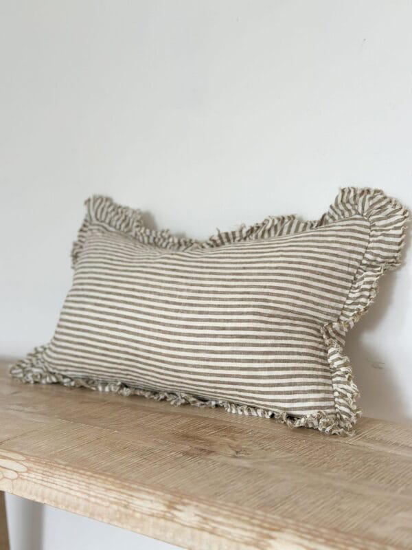 Hailie Olive Green Pinstripe Ruffled Edge Linen Cushion Cover