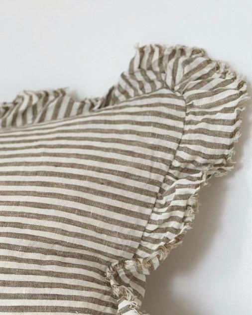 Hailie Olive Green Pinstripe Ruffled Edge Linen Cushion Cover