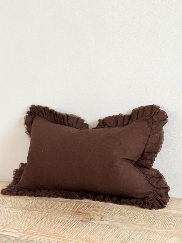 Hallie Dark Brown Ruffle Linen Blend Cushion Cover