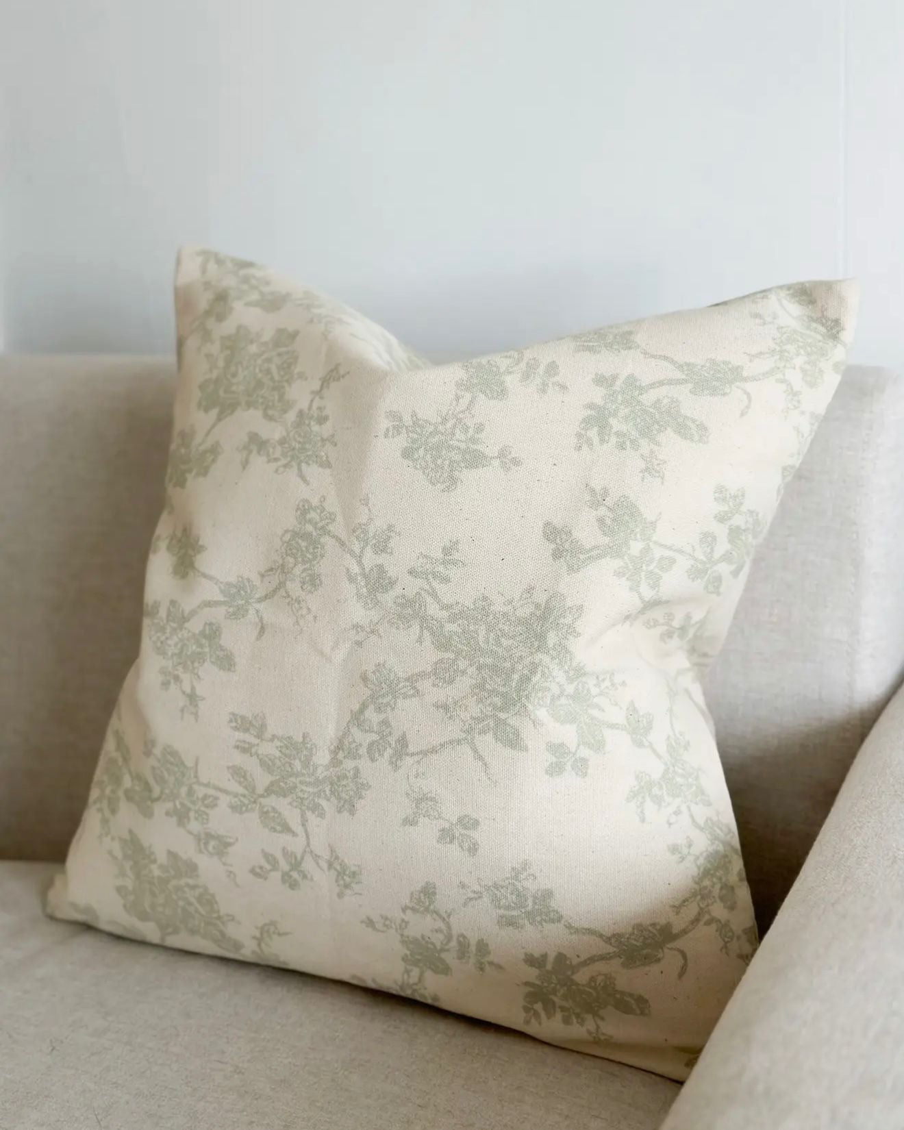 Aria Sage Green And White Square Floral Print Cotton Cushion Cover