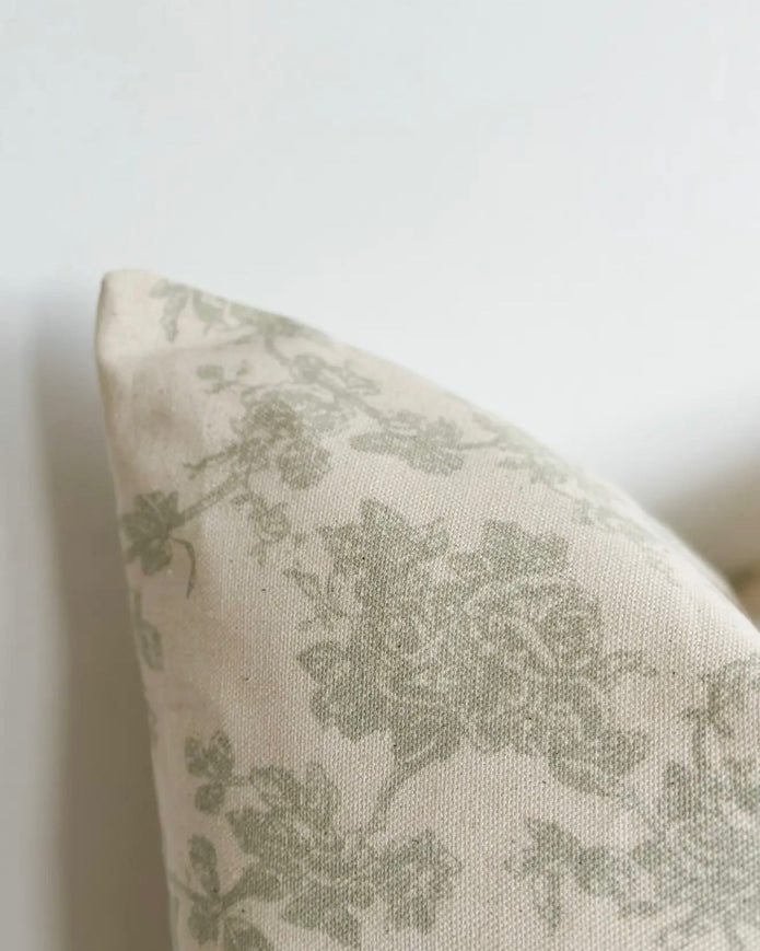 Aria Sage Green And White Square Floral Print Cotton Cushion Cover