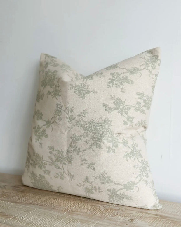 Aria Sage Green And White Square Floral Print Cotton Cushion Cover
