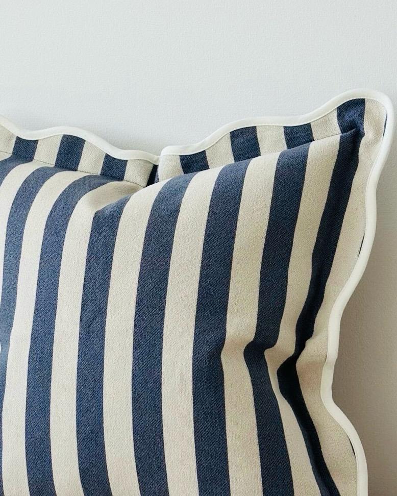 Chloe Navy Blue Square Stripe Scalloped Cushion Cover