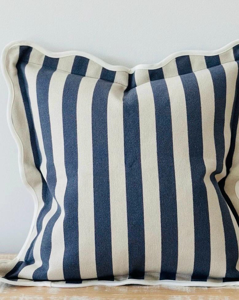 Chloe Navy Blue Square Stripe Scalloped Cushion Cover