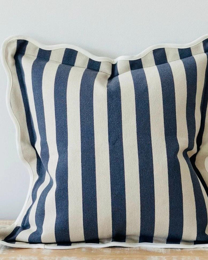 Chloe Navy Blue Square Stripe Scalloped Cushion Cover