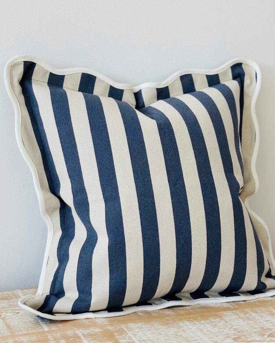 Chloe Navy Blue Square Stripe Scalloped Cushion Cover