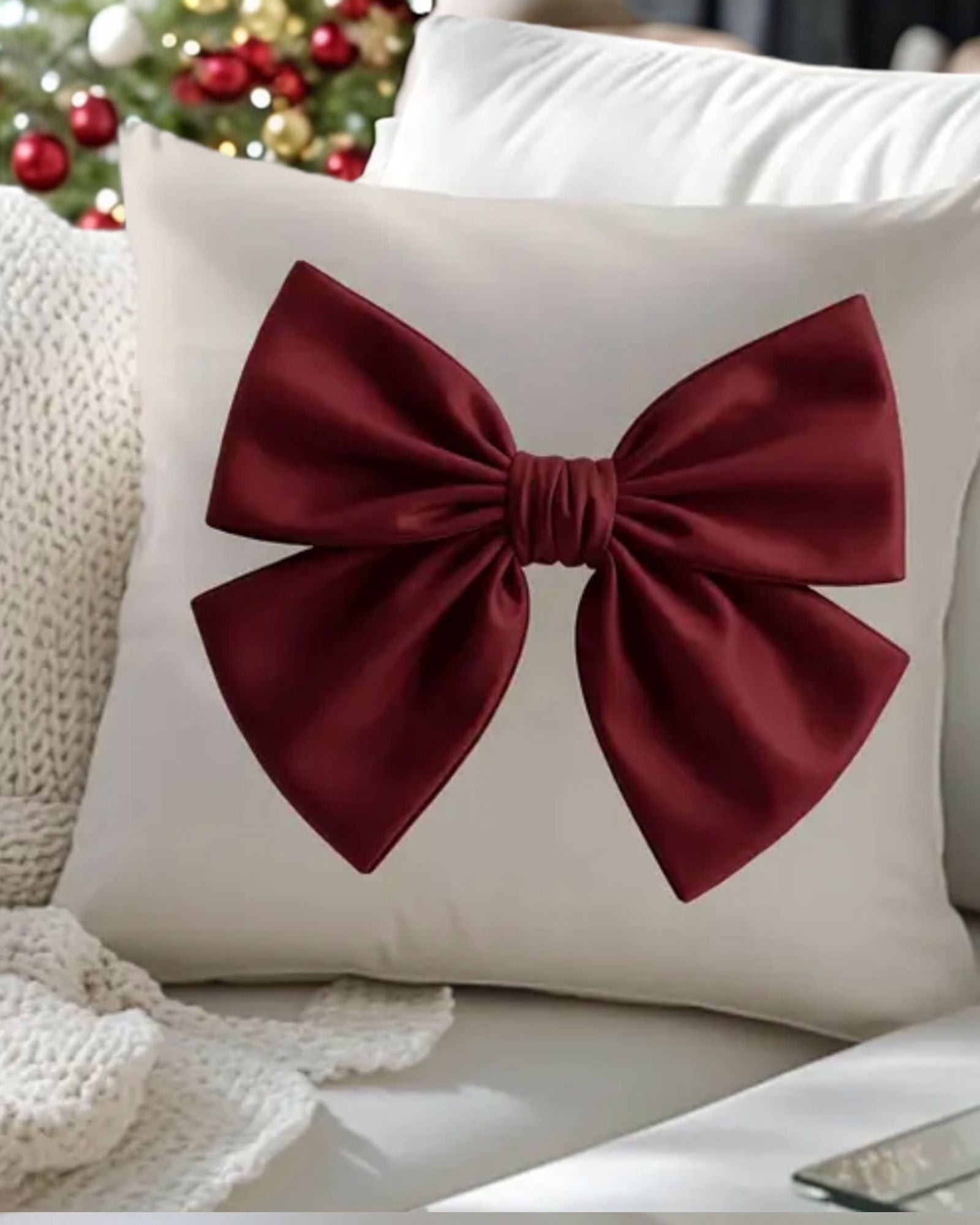 Cream And Red Printed Bow Cushion Cover