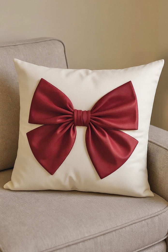 Cream And Red Printed Bow Cushion Cover