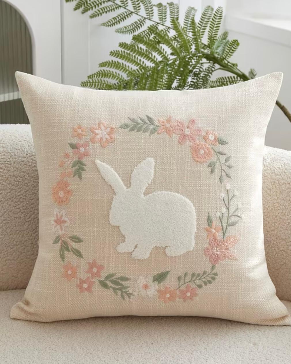 Beige Embroidered Bunny Rabbit Cushion Cover