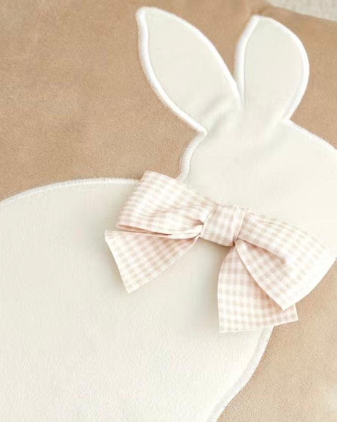 Beige Embroidered Pom Pom Bunny Rabbit Cushion Cover