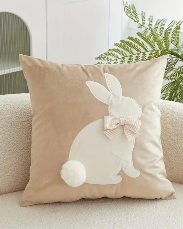 Beige Embroidered Pom Pom Bunny Rabbit Cushion Cover