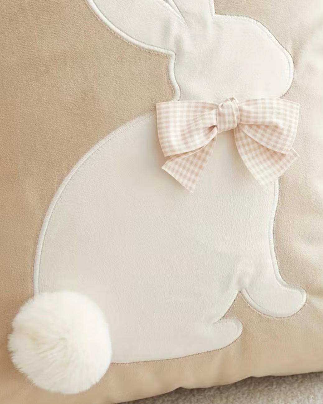 Beige Embroidered Pom Pom Bunny Rabbit Cushion Cover