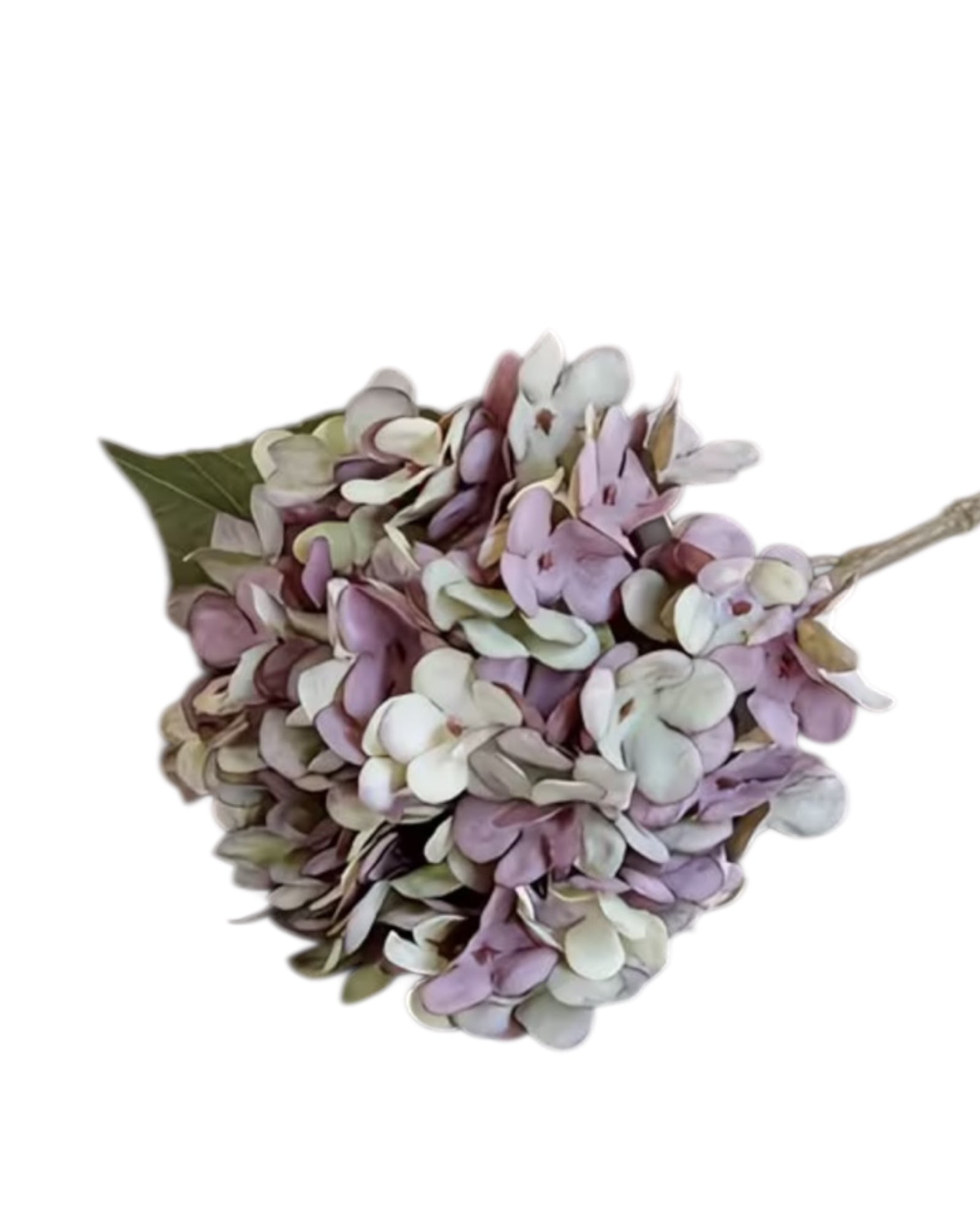 Artificial short dusky plum hydrangea stem from Starlight Express, featuring realistic purple hydrangea flowers for decorative arrangements.
