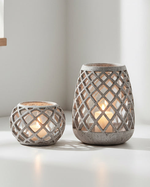 Round stone effect lattice hurricane lantern for home decor, featuring a classic design with intricate stone-inspired detailing.