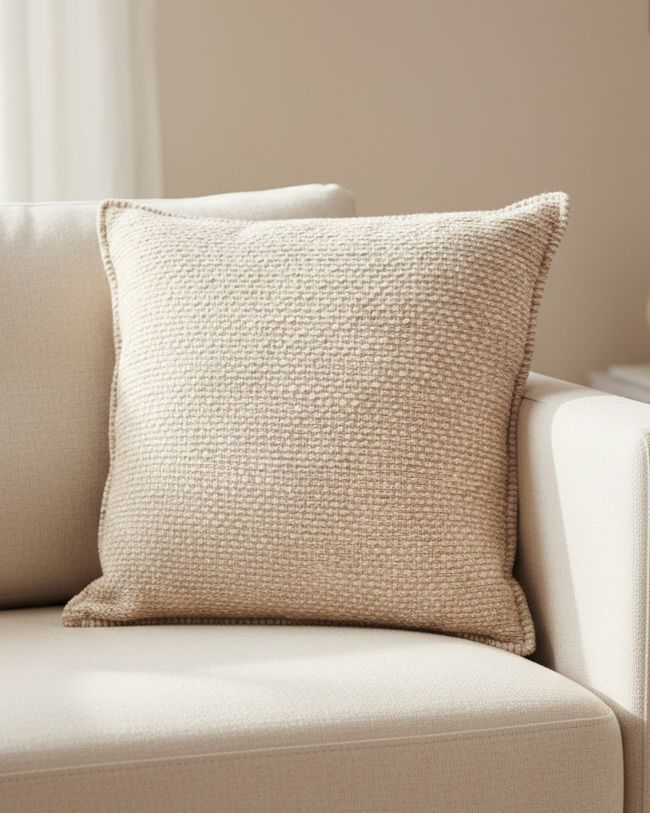 Beige textured square linen cushion cover by Malini, soft furnishings, showing fabric detail and stylish design.